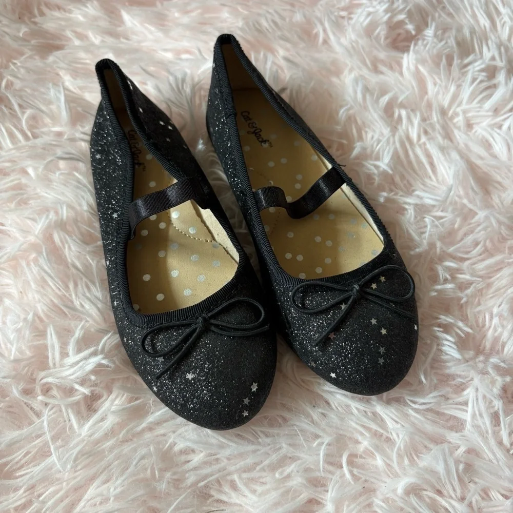Cat & Jack Glitter Silver Star Black Ballet Flat Shoes Sz 11 Dress